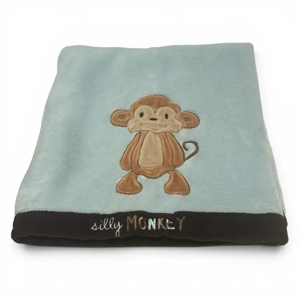 Just One Year Carters “Silly Monkey” Baby Blanket Blue Brown Trim